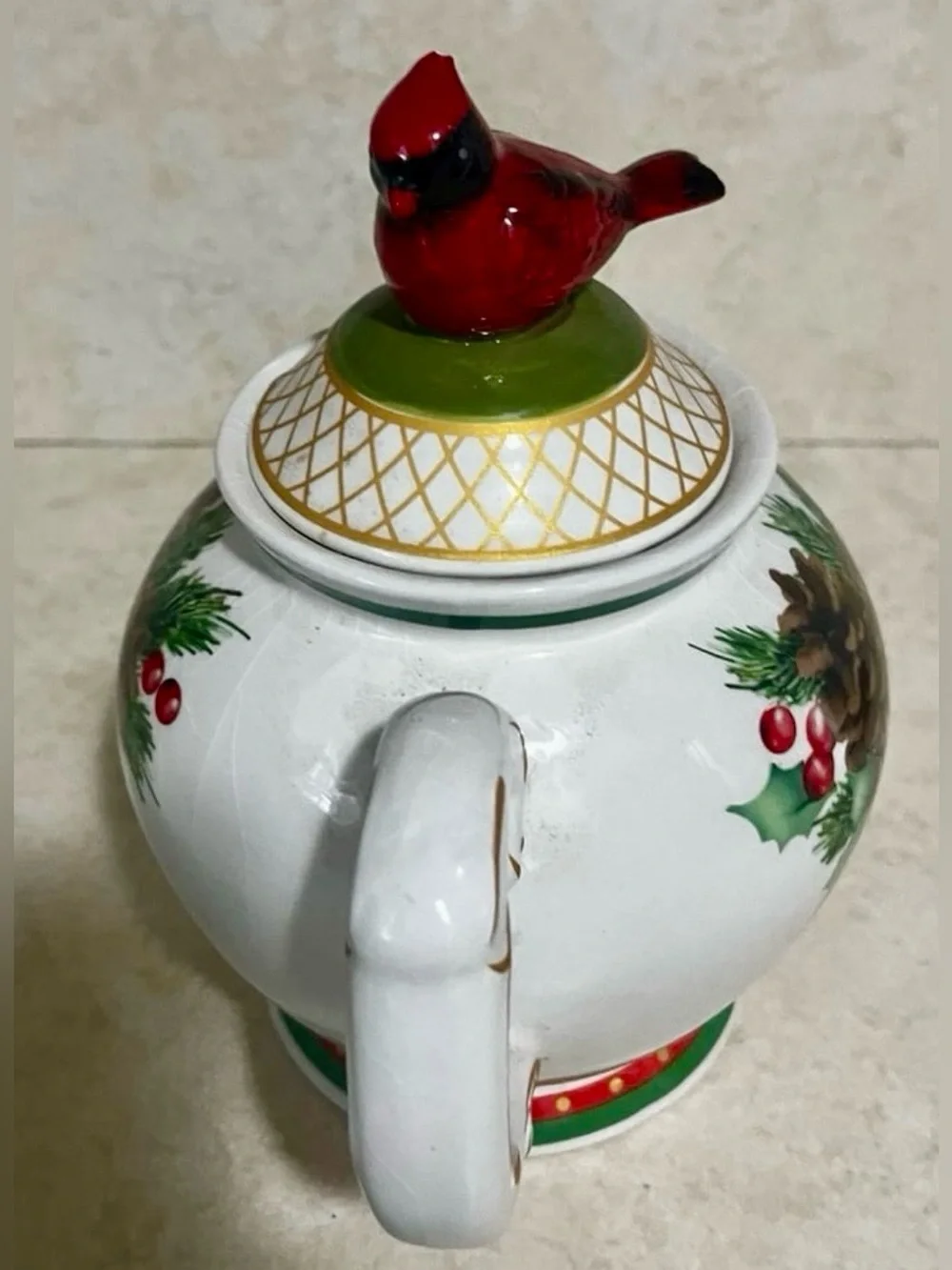 Holiday Pinecone & Cardinal Ceramic Teapot - Red Cardinal Accent